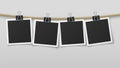 Photo frame hanging on rope. Blank photo paper frames, retro picture exhibition and clothespins. Vector album Royalty Free Stock Photo
