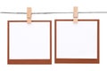 Photo frame hung on rope with clothespin Royalty Free Stock Photo