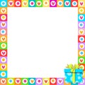 Photo frame made of cute hearts with blue wrapped gift box in corner Royalty Free Stock Photo