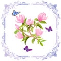 Photo frame with magnolias and butterflies.