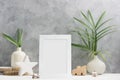 Photo frame mock up with plants in vase, ceramic decor on shelf. Scandinavian style