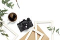 Photo frame old retro camera notebook diary cup of coffee pens eucalyptus leaves on white background. Flat lay top view copy space Royalty Free Stock Photo