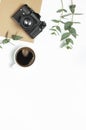 Photo frame old retro camera notebook diary cup of coffee pens eucalyptus leaves on white background. Flat lay top view copy space Royalty Free Stock Photo
