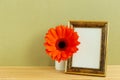 Photo frame with orange gerbera flower on wooden table Royalty Free Stock Photo