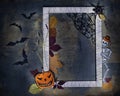 Photo frame with paper models of Pumpking Jack, skeleton Zombie, bats and spider on old shabby background. Halloween concept