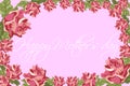 Photo frame, pink rose flowers and buds on the edge, illustration