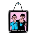 Photo frame with a portrait of guys. Simple colored vector icon. A picture with a couple of friends or lovers, gays