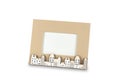 Photo frame with small houses on white background 3D illustration