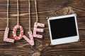 Photo frame and the word love for Valentine holiday