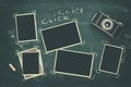 photo frames next to old camera over blackboard Royalty Free Stock Photo