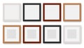 Photo frames. Realistic empty different picture frame mockup hanging on wall, isolated 3d objects, wooden and plastic