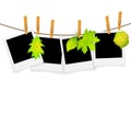 Photo frames on rope with clothespins and green leaves vector ba Royalty Free Stock Photo