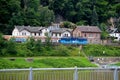 View of a freight train passing through SchÃÂ¶na railway station, Germany Royalty Free Stock Photo