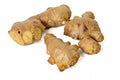 Photo of fresh raw fresh gingers taken with a high-resolution camera using the focus-stacking technique on a white background Royalty Free Stock Photo