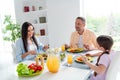 Photo of friendly cheerful people family harmony eat delicious dish chatting bright morning modern kitchen house inside Royalty Free Stock Photo