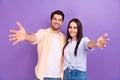 Photo of friendly students young people congratulate welcome meet miss you wear stylish casual outfit isolated on purple