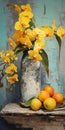 Vibrant Fruit And Yellow Orchids In Antique Metallic Vases