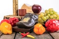 Photo of fruits and vegetables on old vintage table Royalty Free Stock Photo
