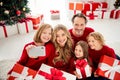 Photo of full big family five people gathering couple lovers three small kids hold gifts decorated bow ribbon mom make Royalty Free Stock Photo