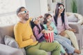 Photo of full big family four members sit sofa hold pop corn bucket laugh wear 3d glasses colorful sweater pants in Royalty Free Stock Photo