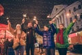 Photo of full family four member x-mas meeting gathering hold bengal stick walk wave raise hands magic miracle Royalty Free Stock Photo