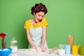 Photo fun joy girl prepare pizza knead hands dough table call friend smartphone wear style stylish trendy yellow dotted