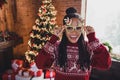 Photo of funky crazy excited lady have x-mas carefree fun wear deer eyewear jumper in decorated home indoors Royalty Free Stock Photo