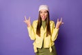 Photo of funky crazy lady showing hands horns metal music lover protruding tongue out mouth wear casual trend yellow