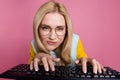Photo of funky funny adorable woman hacking web site writing coding app isolated on pink color background
