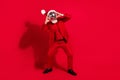 Photo of funky funny age gentleman wear new year costume headwear dancing disco ball close face isolated red color