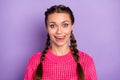 Photo of funky funny nice young woman wear knitted pink sweater isolated on pastel violet color background