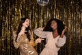 Photo of funky glamour nice ladies dance wear sequins dress prom party on shine bright tinsel background