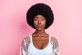 Photo of funky happy nice dark skin lady send air kiss good mood volume hair isolated on pink color background