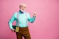 Photo of funny aged grandpa teacher hold books lecturer university college direct finger empty space black board wear