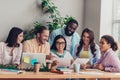 Photo of funny busy businesswoman businessman reading working report workplace workstation