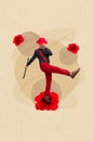 Photo of funny energetic positive dancer guy wear red mister suit headwear hold cane have fun valentine day red roses Royalty Free Stock Photo