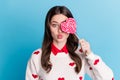 Photo of funny flirty young lady wear hearts print sweater cover eye candy lips pouted isolated blue color background