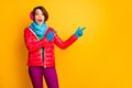 Photo of funny lady open mouth indicate fingers empty space final season low prices wear casual red coat blue scarf