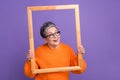 Photo of funny old woman memories portrait frame wooden borders posing model excited look empty space isolated on violet Royalty Free Stock Photo