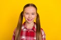 Photo of funny pretty charming schoolkid dressed plaid shirt smiling isolated yellow color background