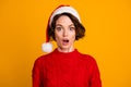 Photo of funny pretty lady listen shocking news celebrate winter holidays open mouth go shopping see sale season closed