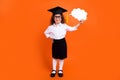 Photo of funny schoolkid academic scholar hold paper mind cloud advertise school sale isolated vibrant color background