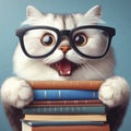 Photo of a funny smiling cat school with glasses hold books. ai generative Royalty Free Stock Photo