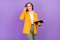 Photo of funny teacher grey aged lady read book wear eyewear yellow jacket isolated on purple color background