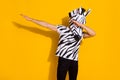 Photo of funny weird man wear zebra print t-shirt mask dancing masquerade festive isolated yellow color background