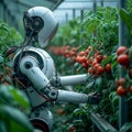 Photo Future farming Robot arm harvests vegetables in a technologically advanced greenhouse