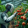 Photo Future farming Robot arm harvests vegetables in a technologically advanced greenhouse