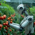 Photo Future farming Robot arm harvests vegetables in a technologically advanced greenhouse