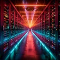 Photo Futuristic data hub Glowing lights illuminate advanced server infrastructure