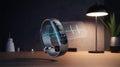 A photo of a futuristic smart wristband projecting a floating medical screen